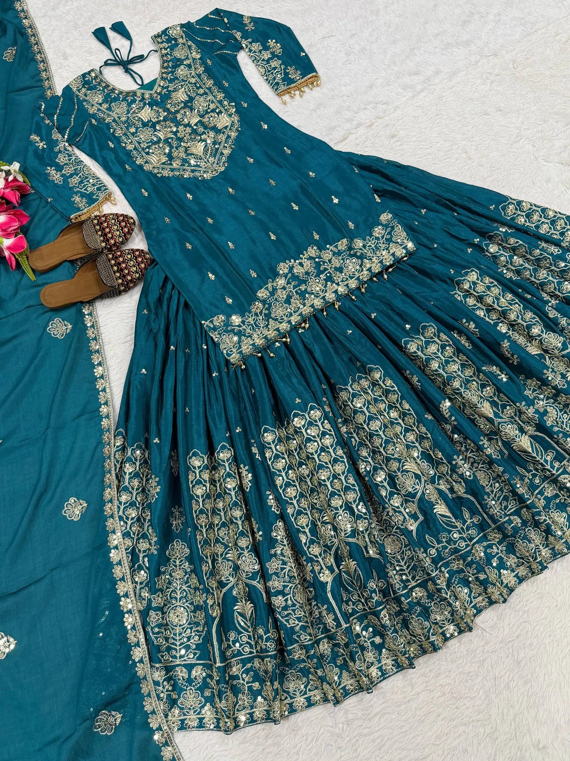 Embroidered Chinnon Silk Lehenga Set with Dupatta