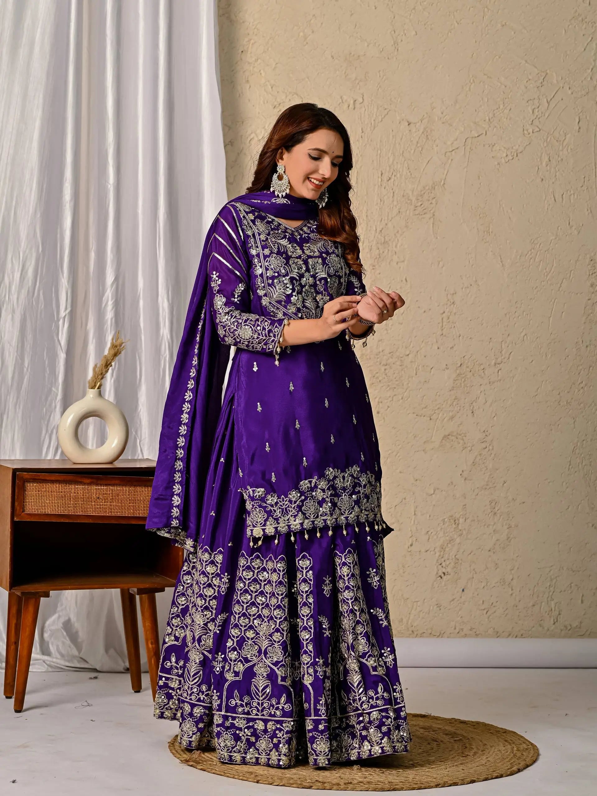Embroidered Chinnon Silk Lehenga Set with Dupatta