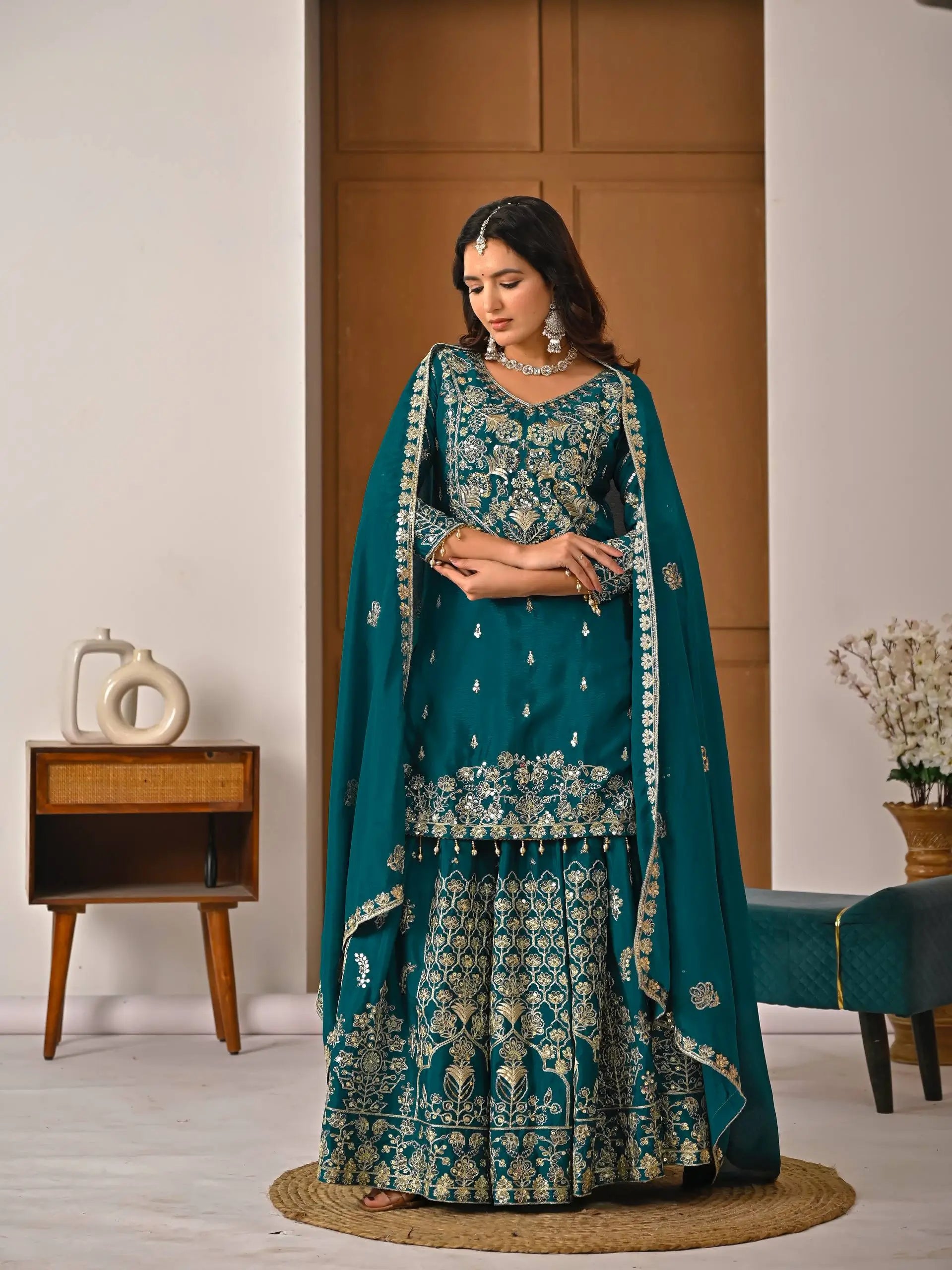 Embroidered Chinnon Silk Lehenga Set with Dupatta
