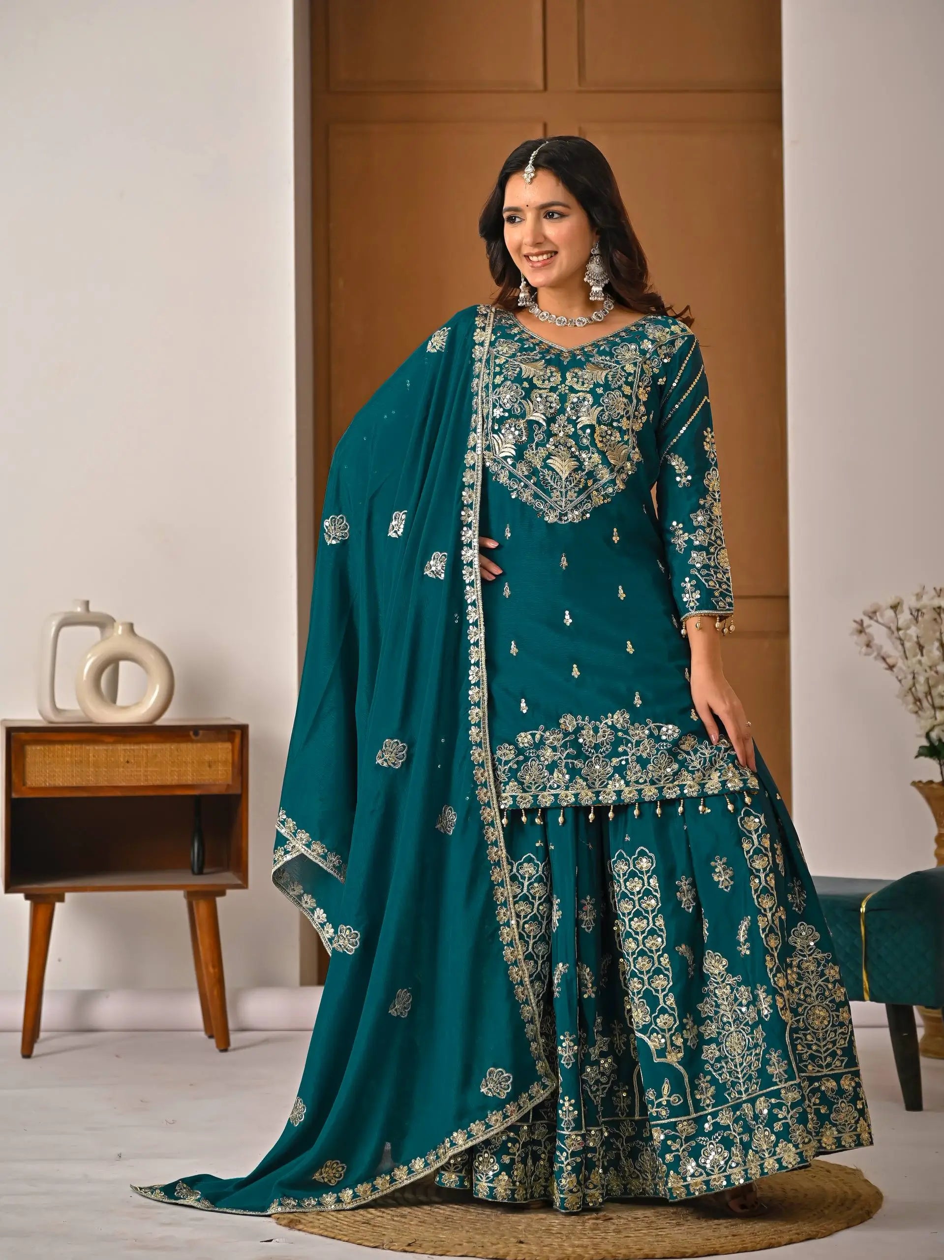 Embroidered Chinnon Silk Lehenga Set with Dupatta