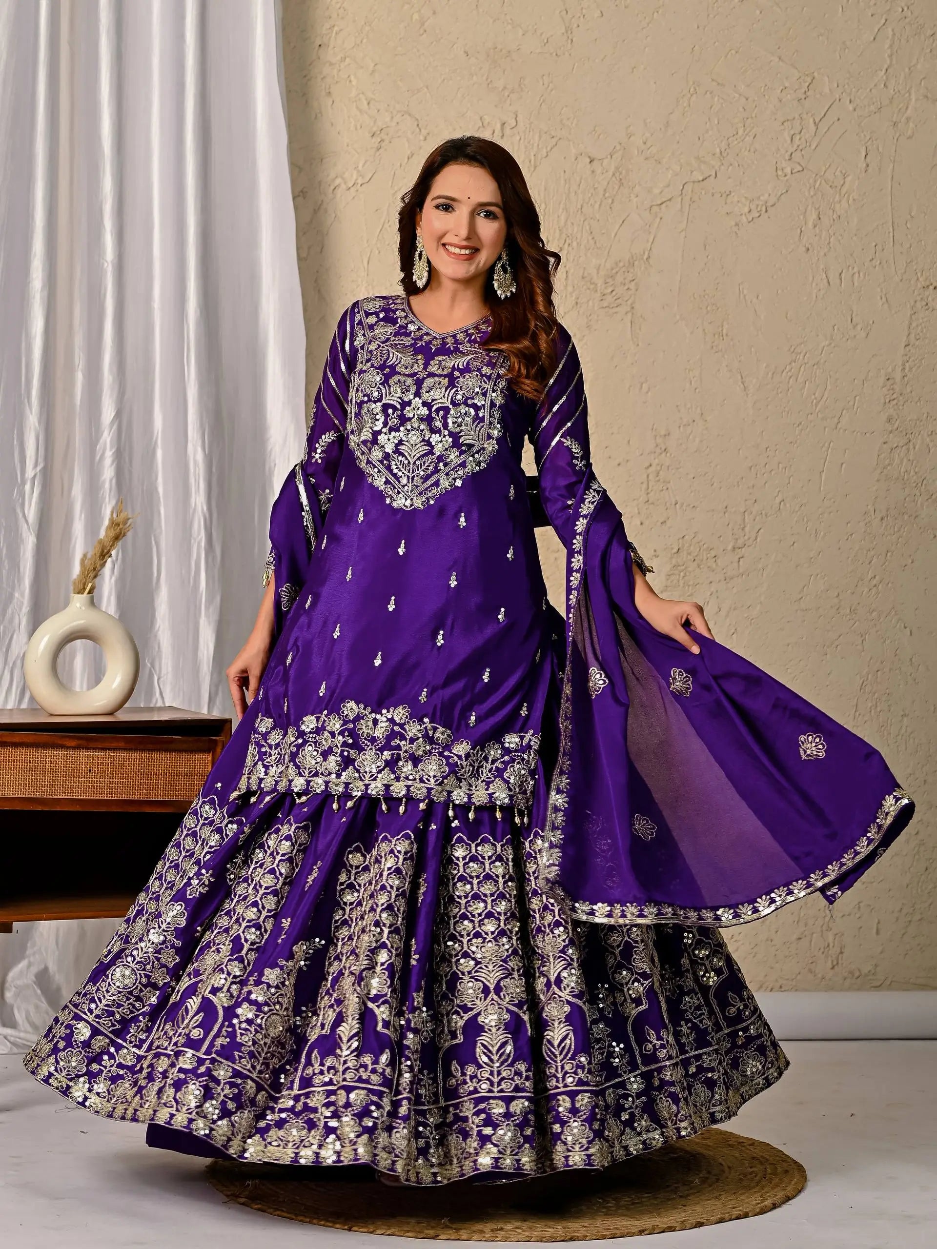 Embroidered Chinnon Silk Lehenga Set with Dupatta