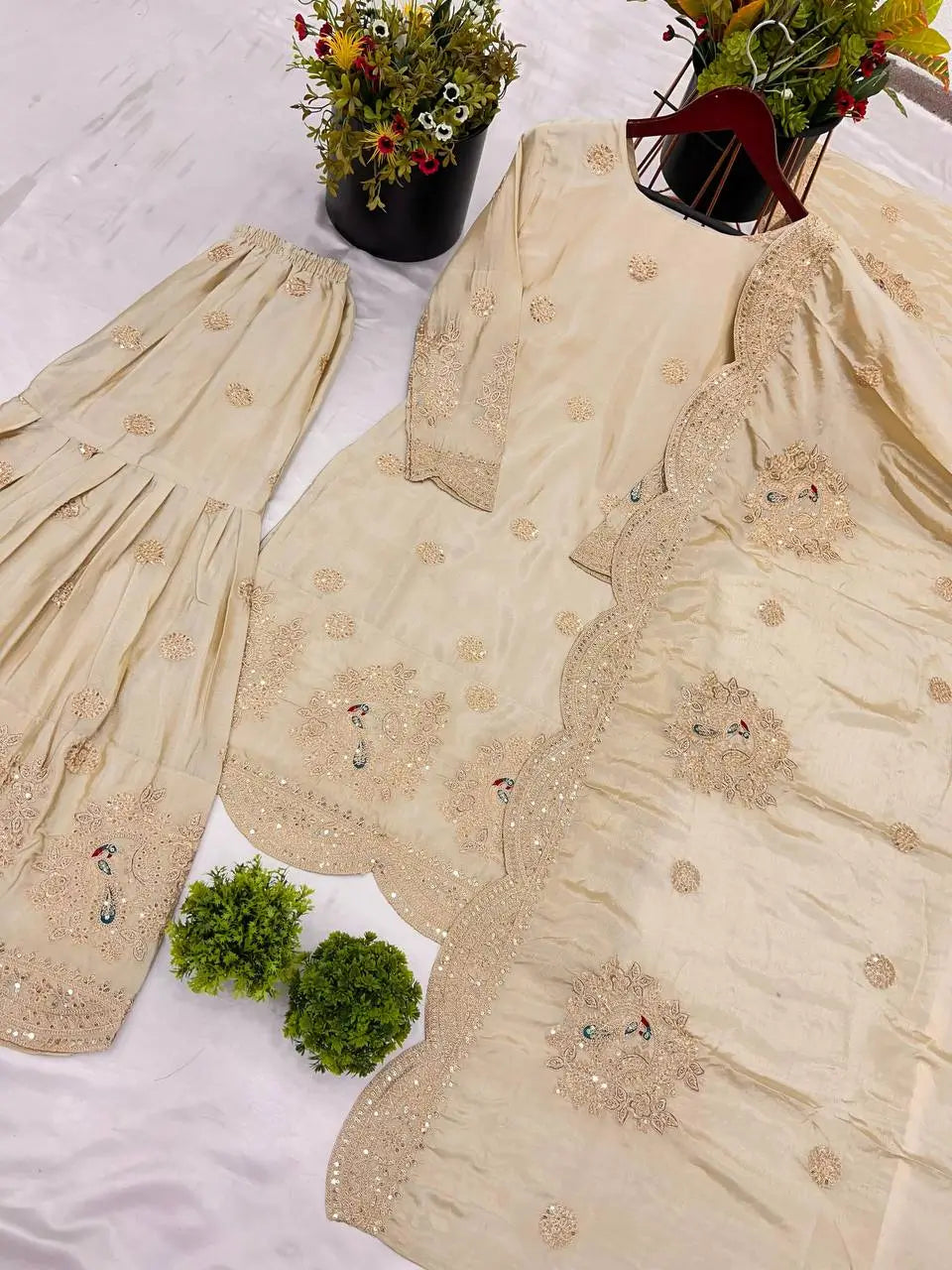 Embroidered Chinnon Silk Palazzo Suit Set