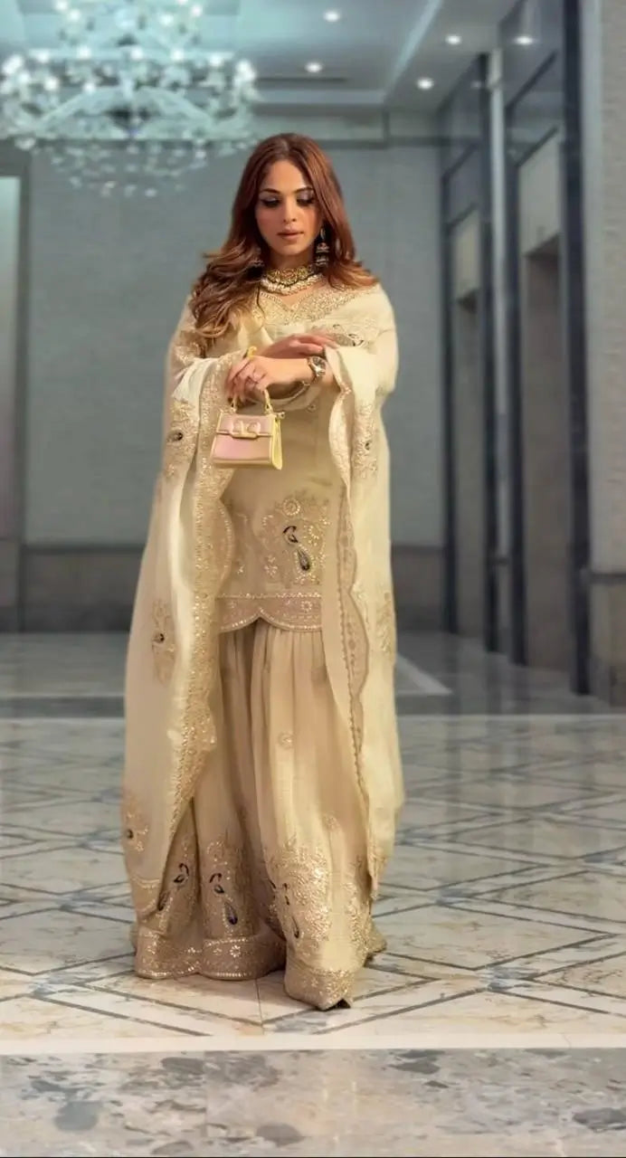 Embroidered Chinnon Silk Palazzo Suit Set