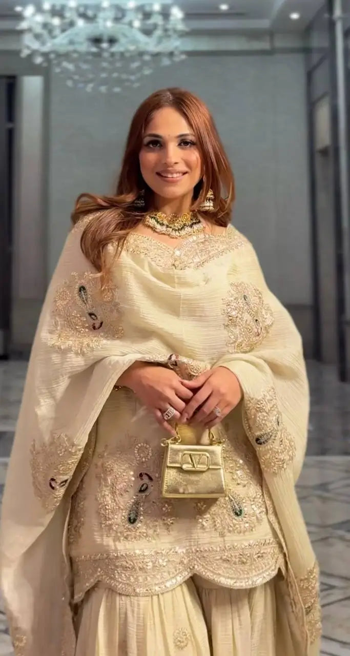 Embroidered Chinnon Silk Palazzo Suit Set