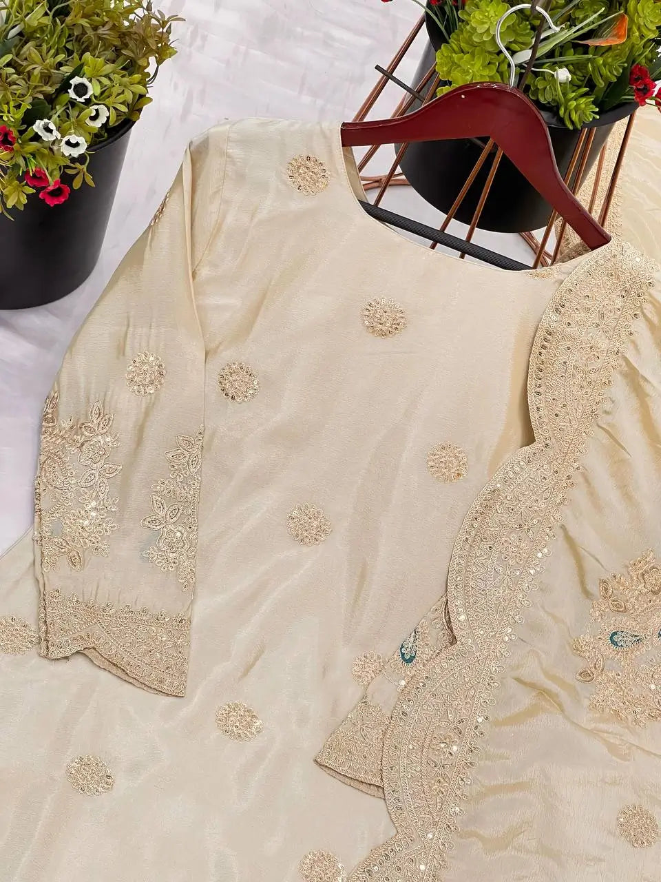 Embroidered Chinnon Silk Palazzo Suit Set