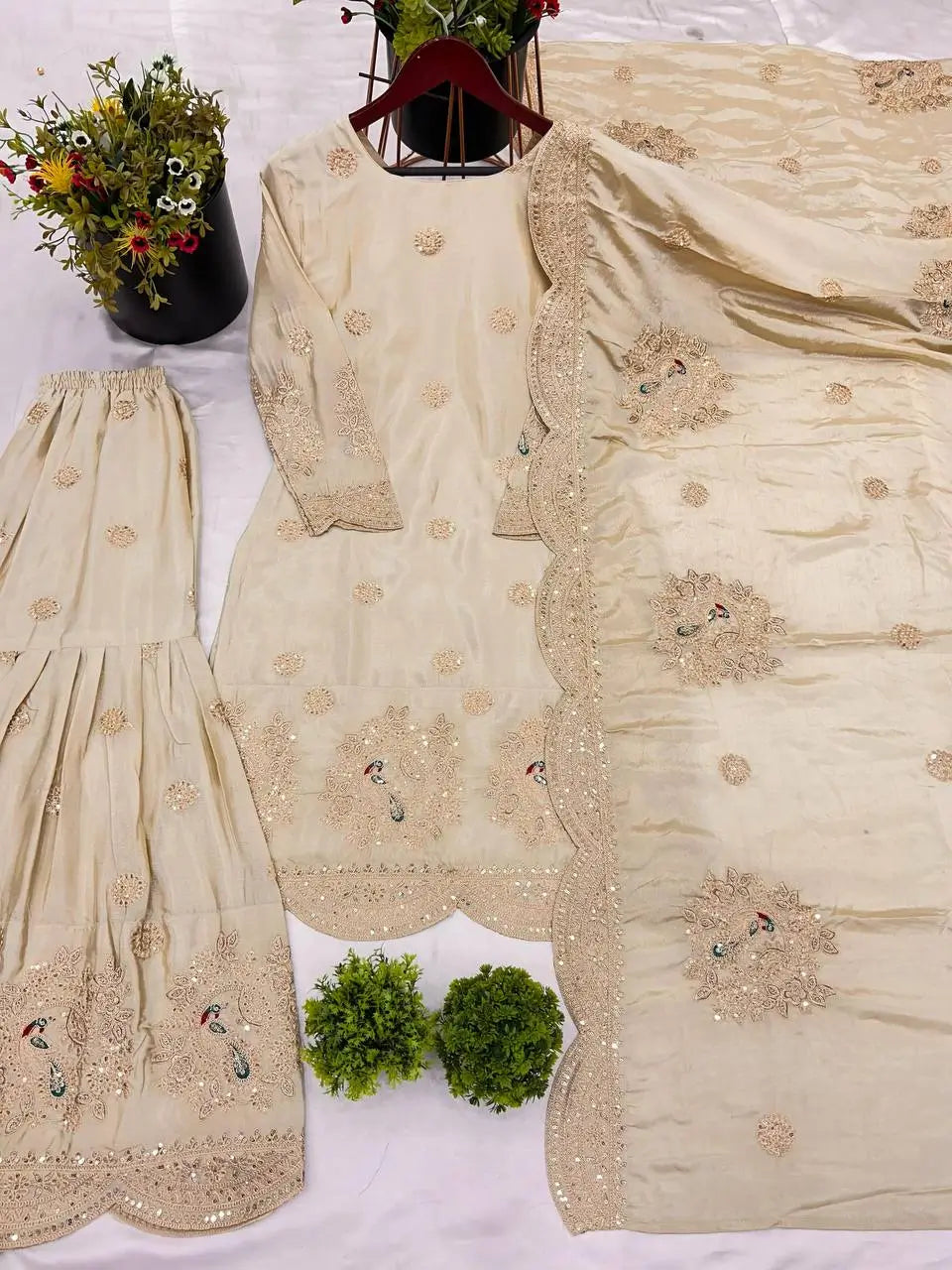 Embroidered Chinnon Silk Palazzo Suit Set