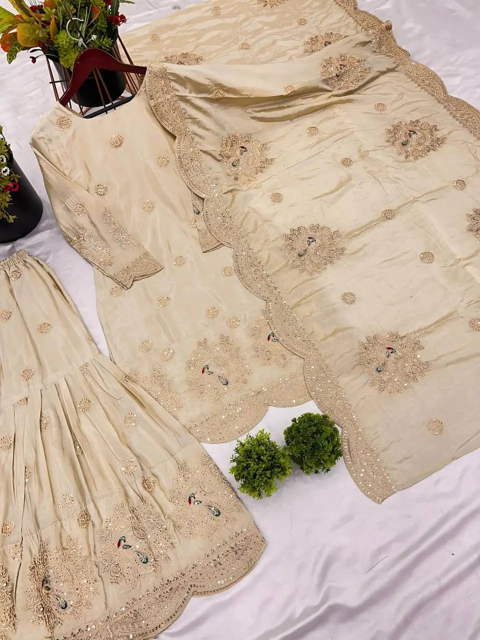 Embroidered Chinnon Silk Palazzo Suit Set