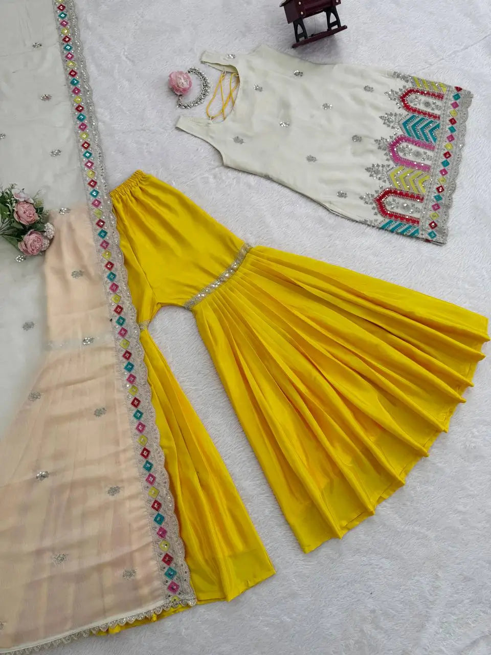 Embroidered Chinnon Silk Sharara Set with Dupatta