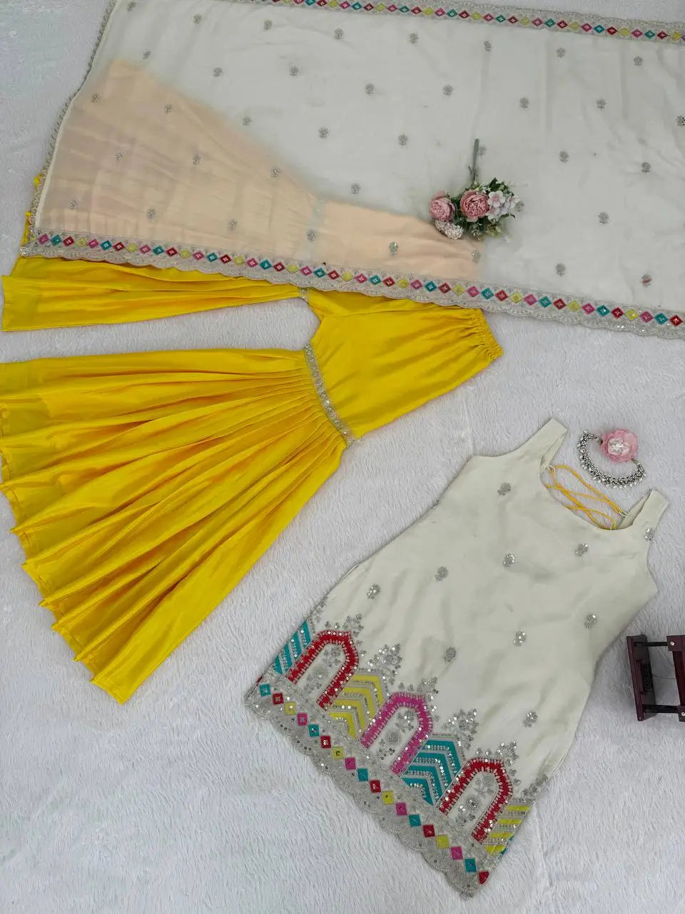 Embroidered Chinnon Silk Sharara Set with Dupatta