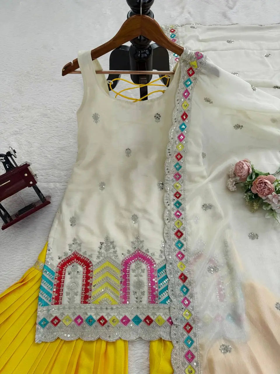 Embroidered Chinnon Silk Sharara Set with Dupatta