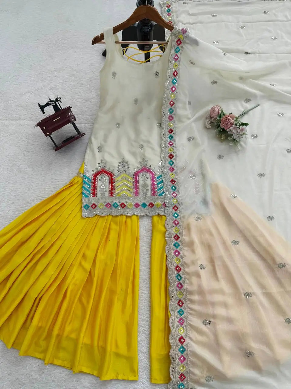 Embroidered Chinnon Silk Sharara Set with Dupatta