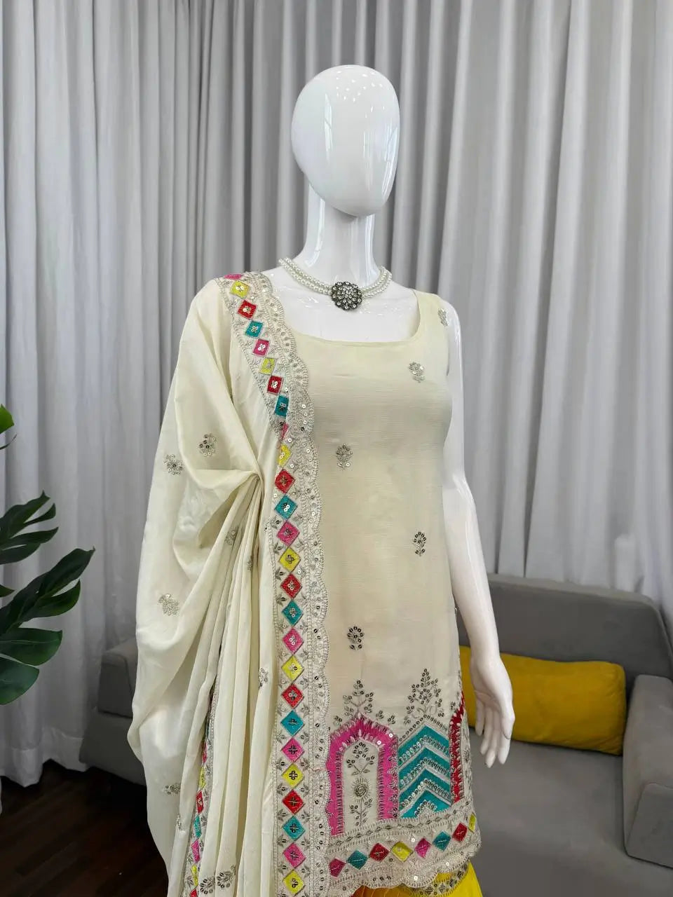 Embroidered Chinnon Silk Sharara Set with Dupatta