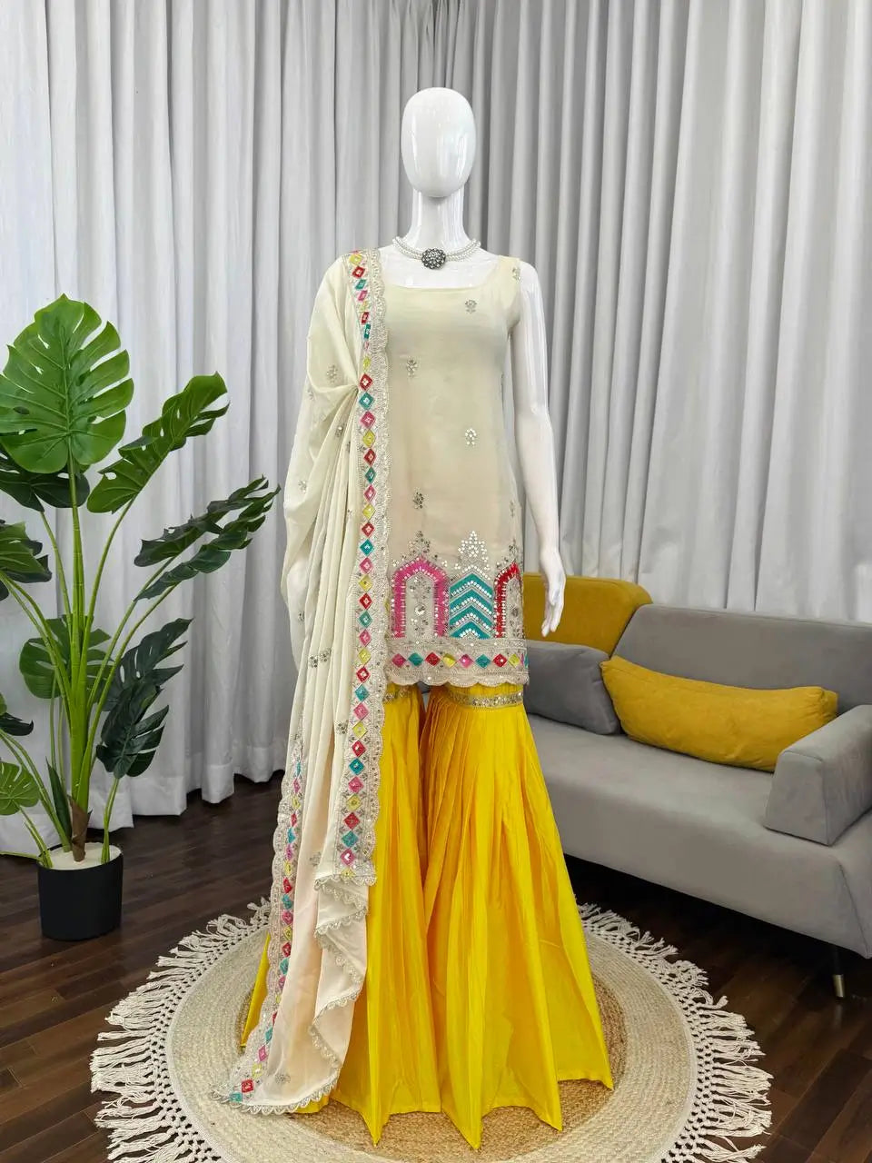 Embroidered Chinnon Silk Sharara Set with Dupatta