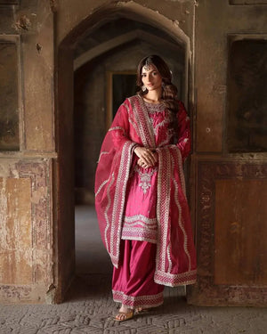 Embroidered Chinnon Silk Sharara Suit Set with Dupatta