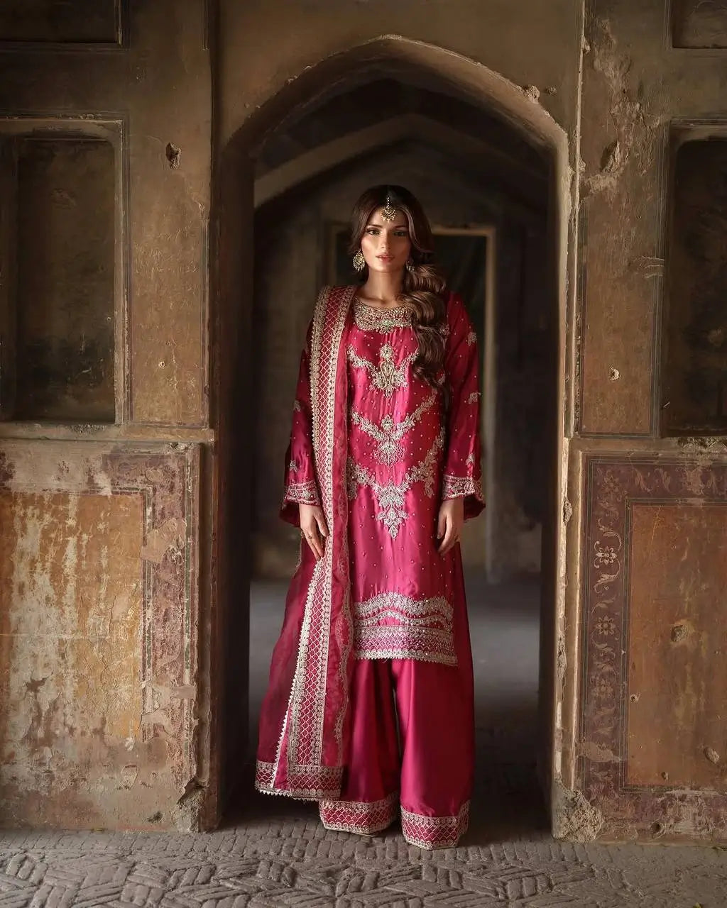 Embroidered Chinnon Silk Sharara Suit Set with Dupatta