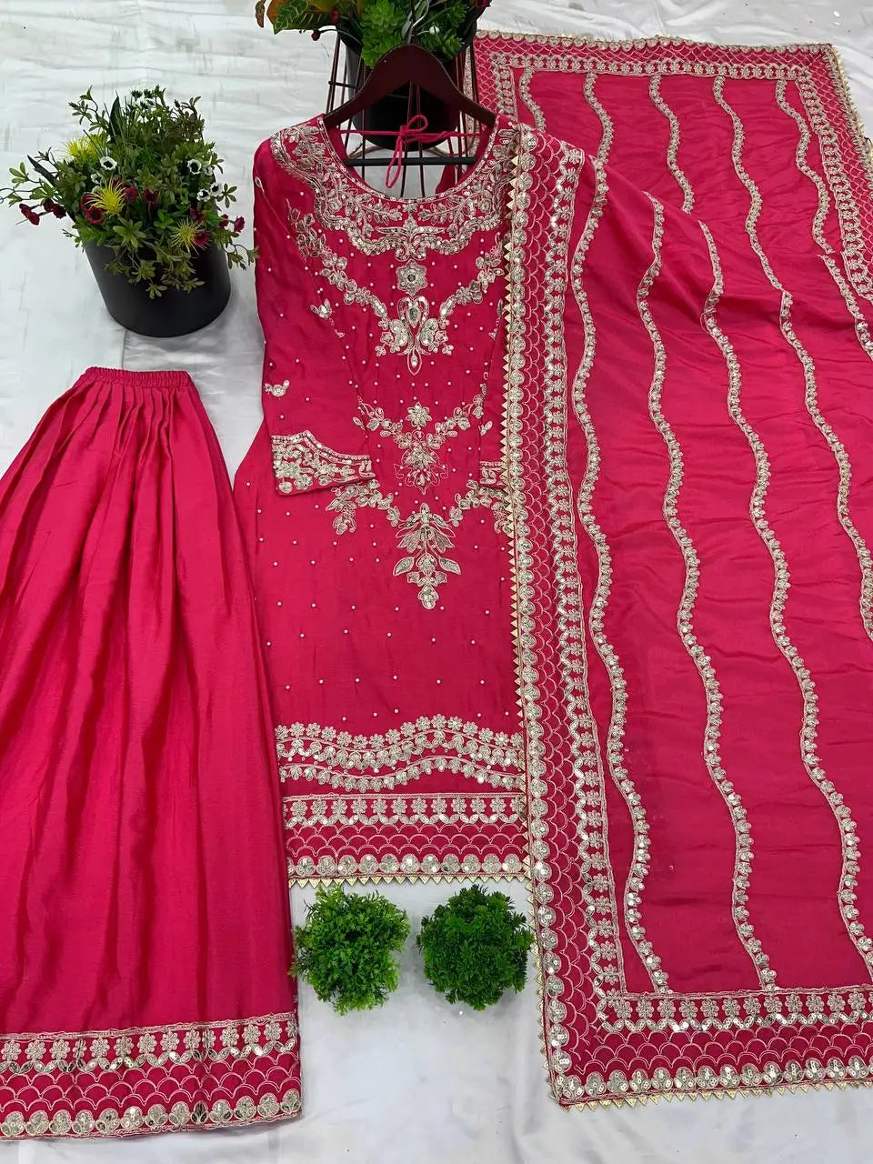 Embroidered Chinnon Silk Sharara Suit Set with Dupatta