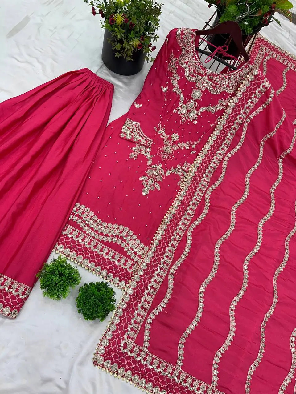 Embroidered Chinnon Silk Sharara Suit Set with Dupatta