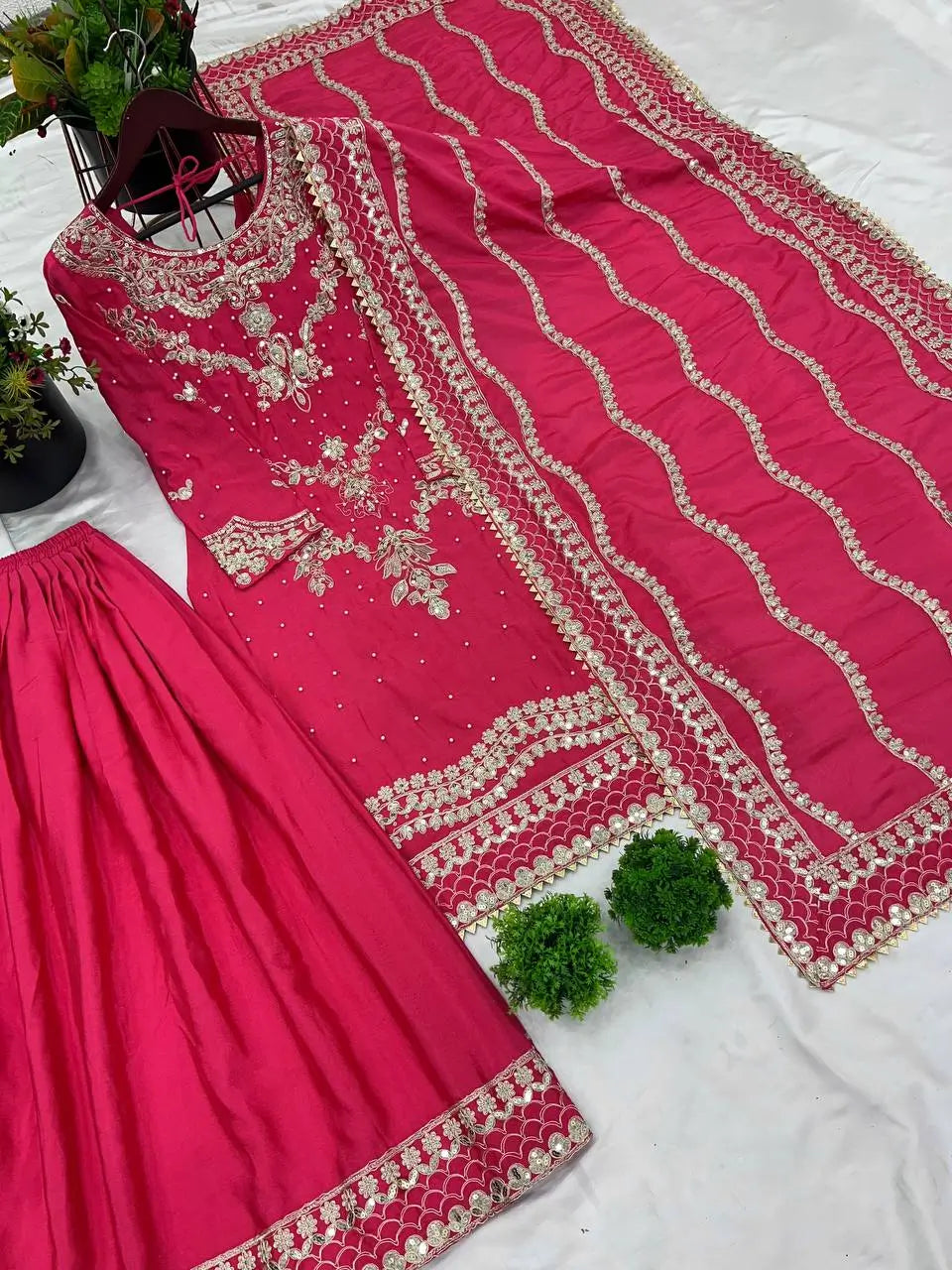 Embroidered Chinnon Silk Sharara Suit Set with Dupatta
