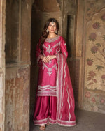 Embroidered Chinnon Silk Sharara Suit Set with Dupatta