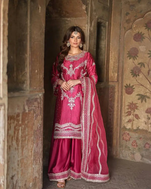 Embroidered Chinnon Silk Sharara Suit Set with Dupatta