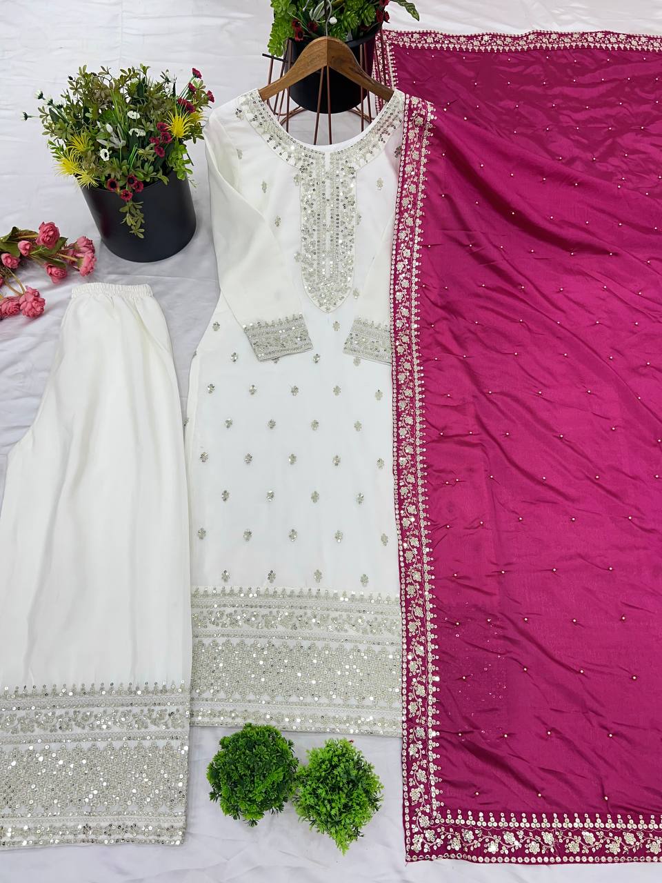 Embroidered Chinnon Silk Suit Set with Dupatta