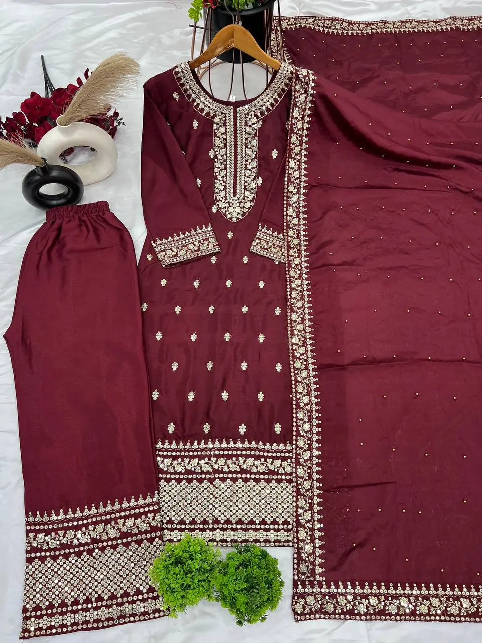 Embroidered Chinnon Silk Suit Set with Dupatta
