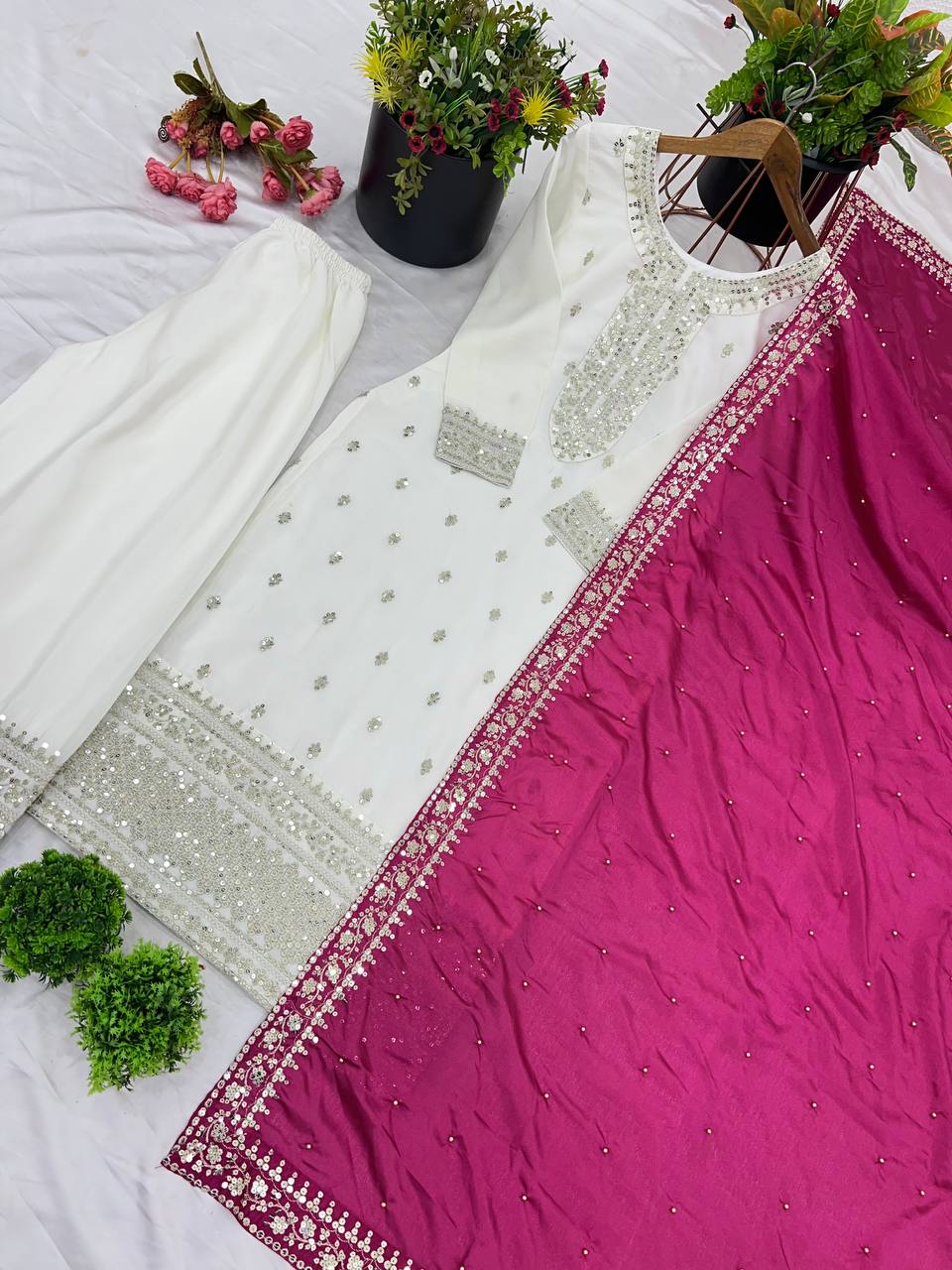 Embroidered Chinnon Silk Suit Set with Dupatta