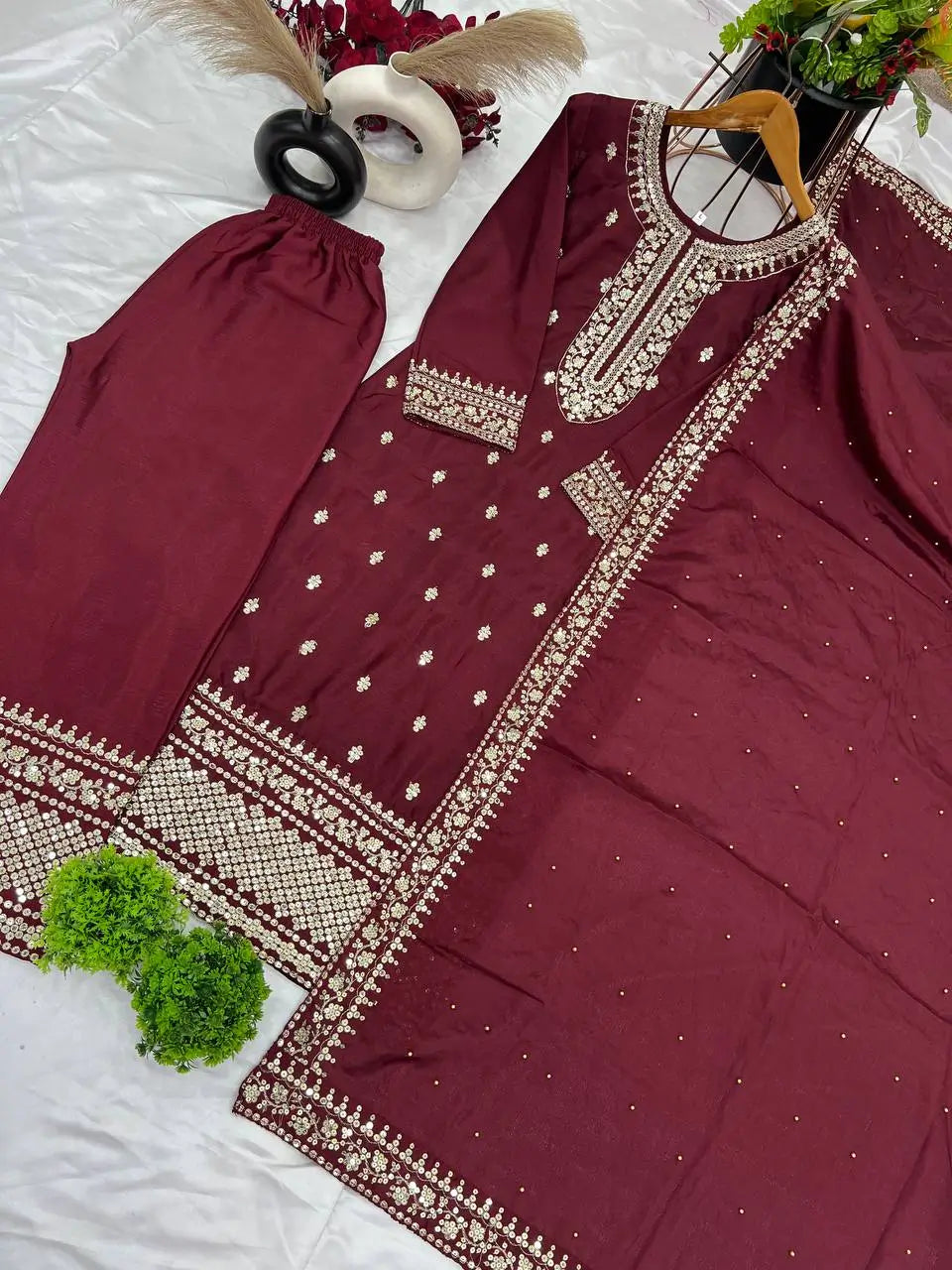 Embroidered Chinnon Silk Suit Set with Dupatta