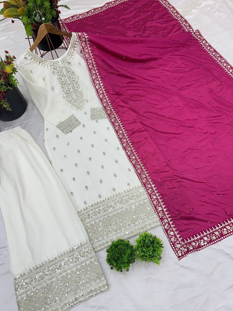 Embroidered Chinnon Silk Suit Set with Dupatta