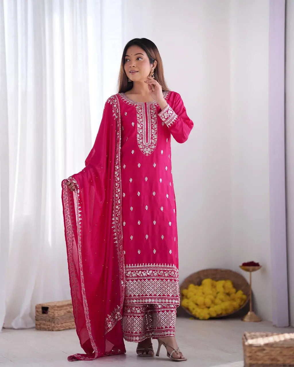 Embroidered Chinnon Silk Suit Set with Dupatta
