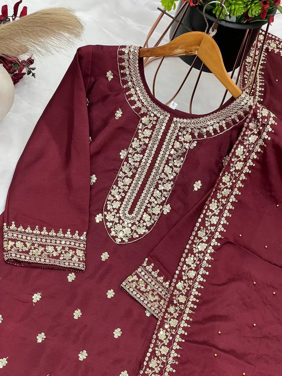 Embroidered Chinnon Silk Suit Set with Dupatta