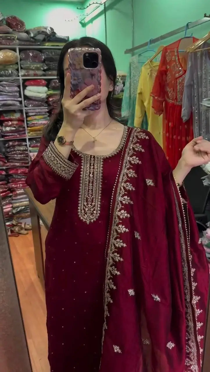 Embroidered Chinnon Silk Suit Set with Dupatta