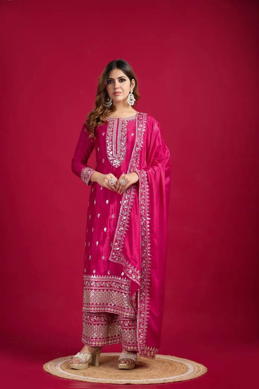 Embroidered Chinnon Silk Suit Set with Dupatta