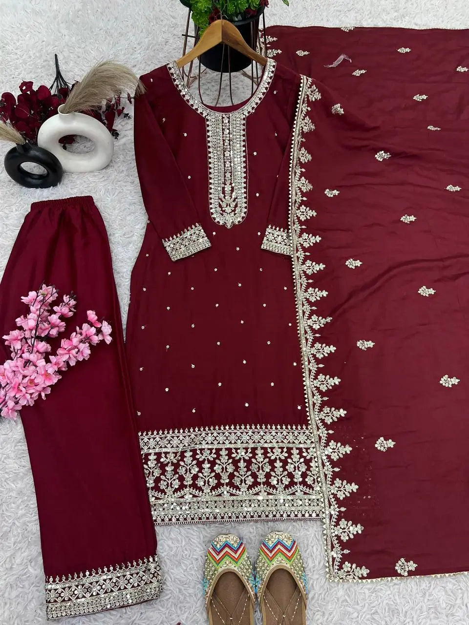 Embroidered Chinnon Silk Suit Set with Dupatta