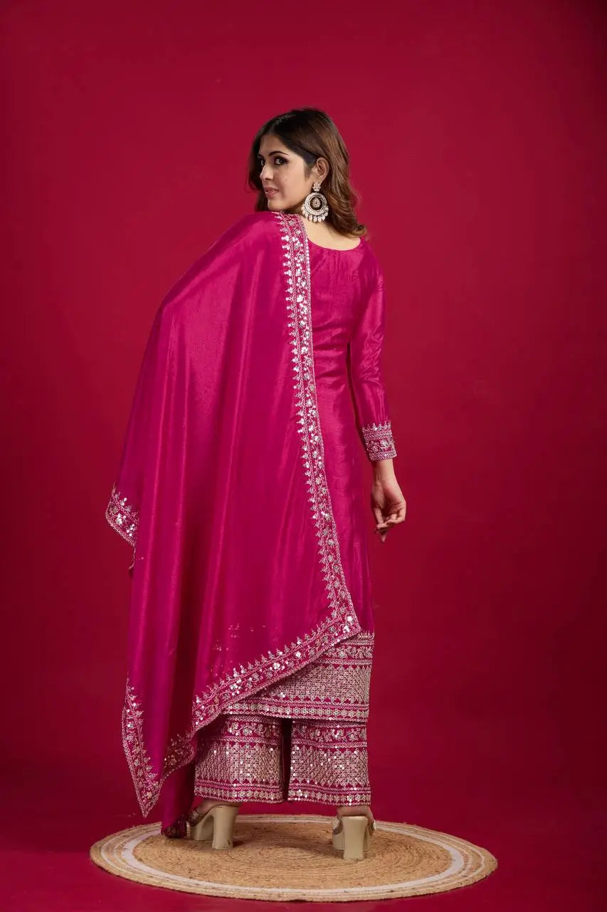 Embroidered Chinnon Silk Suit Set with Dupatta