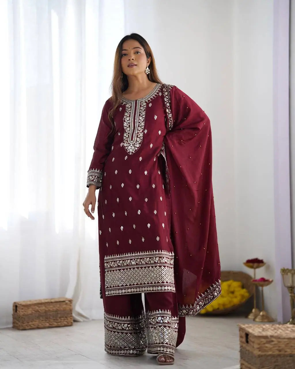 Embroidered Chinnon Silk Suit Set with Dupatta