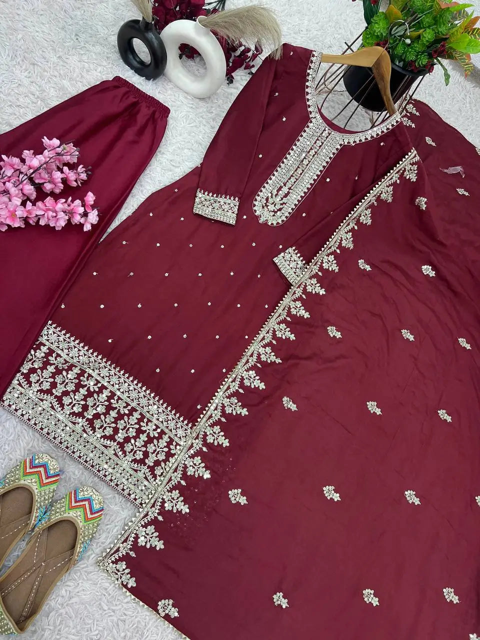 Embroidered Chinnon Silk Suit Set with Dupatta