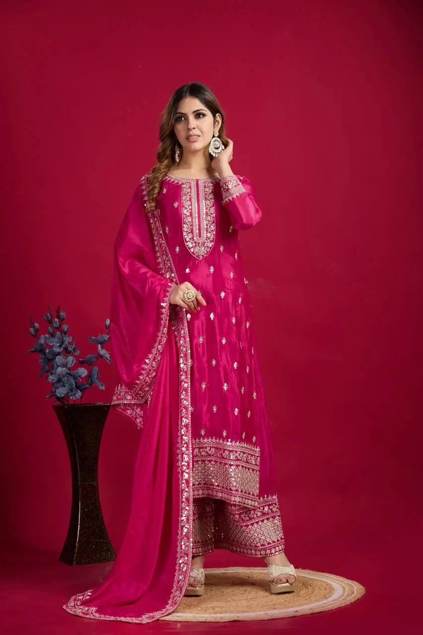 Embroidered Chinnon Silk Suit Set with Dupatta