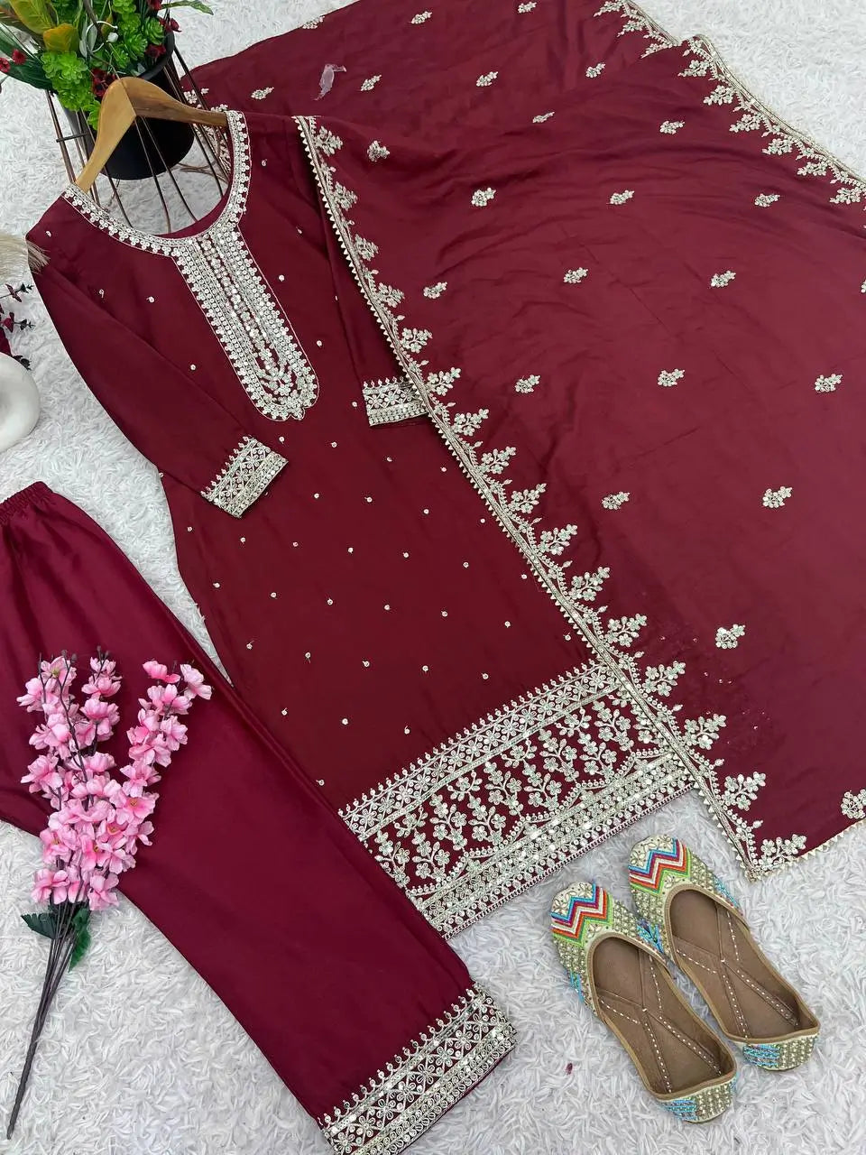Embroidered Chinnon Silk Suit Set with Dupatta