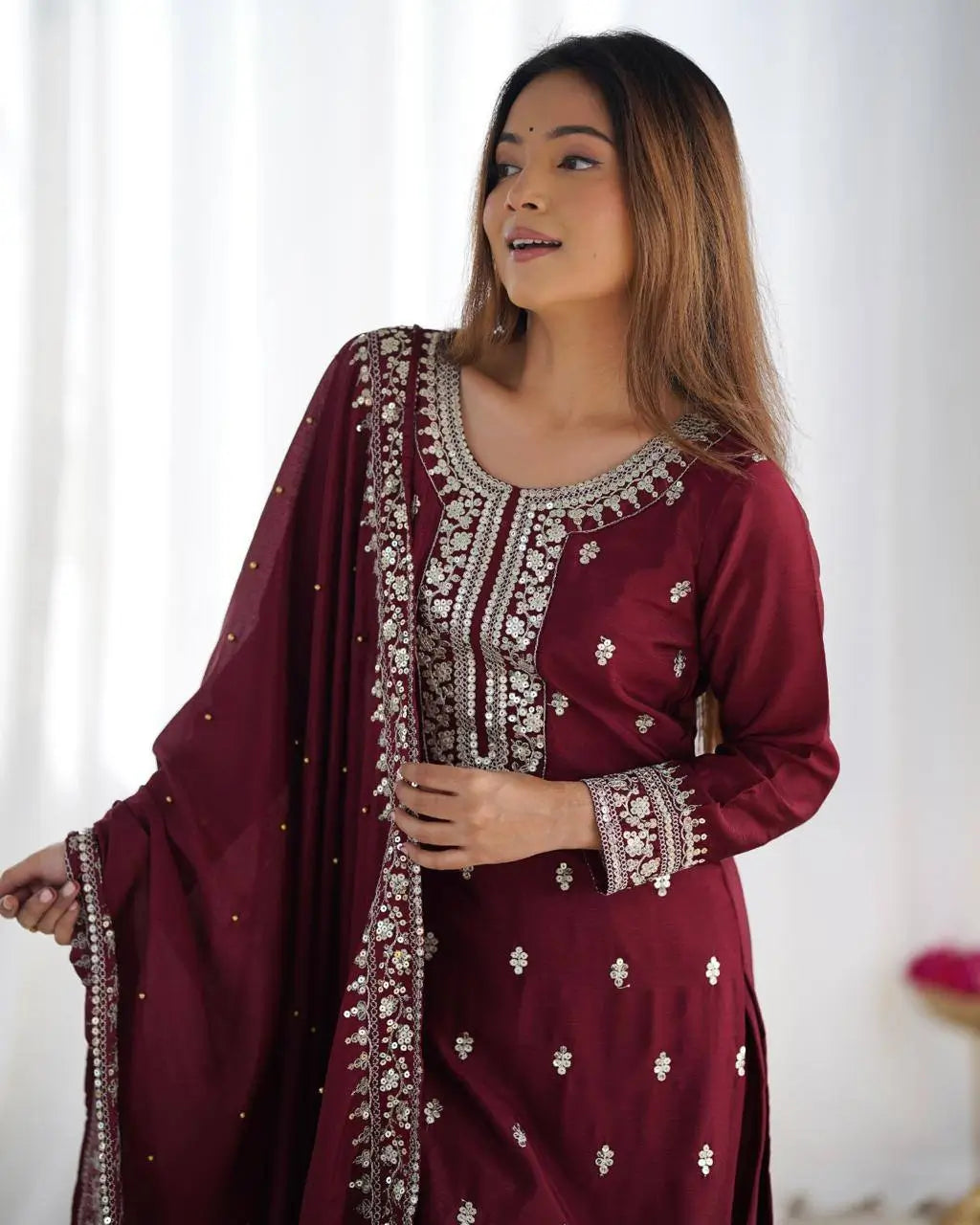 Embroidered Chinnon Silk Suit Set with Dupatta