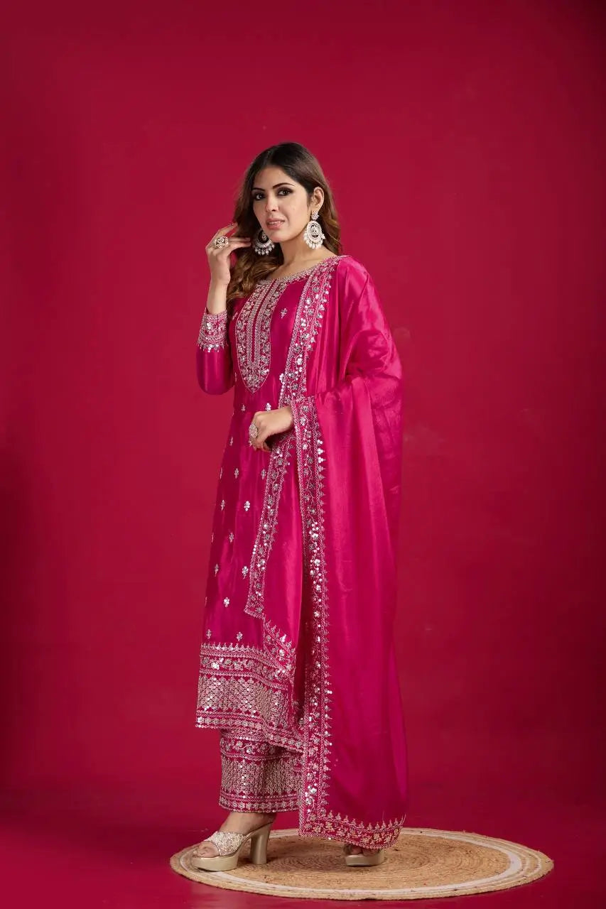 Embroidered Chinnon Silk Suit Set with Dupatta
