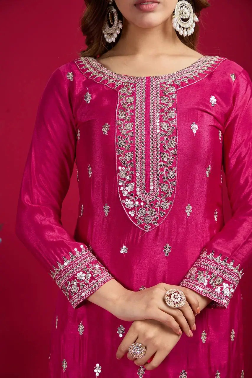 Embroidered Chinnon Silk Suit Set with Dupatta