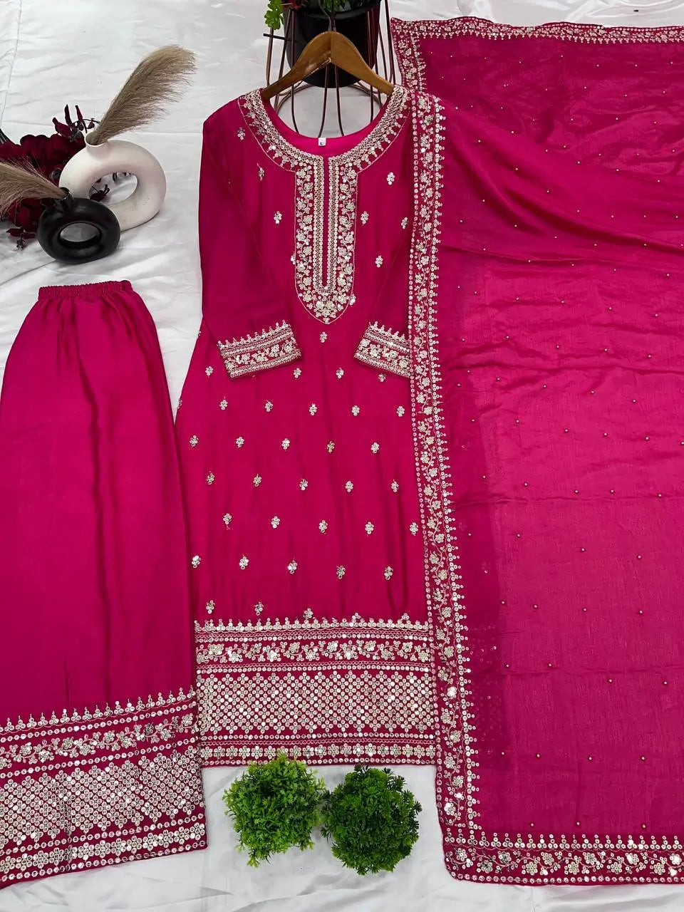 Embroidered Chinnon Silk Suit Set with Dupatta