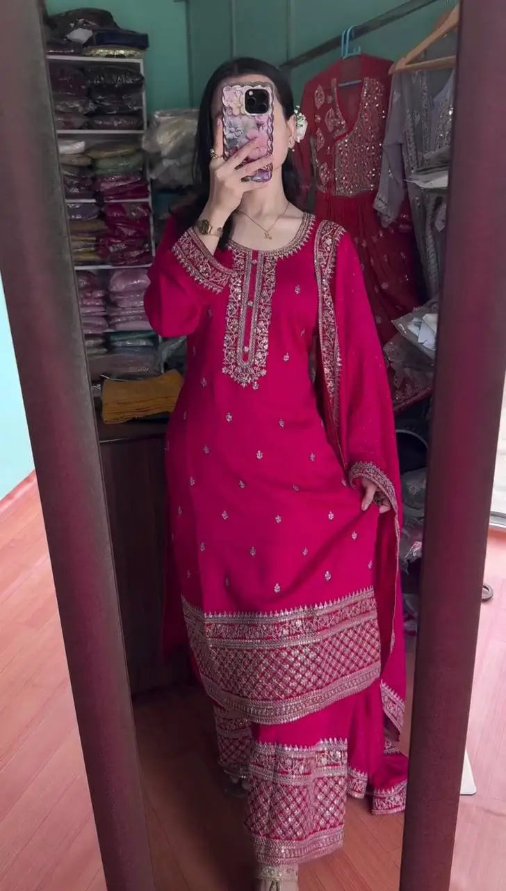 Embroidered Chinnon Silk Suit Set with Dupatta