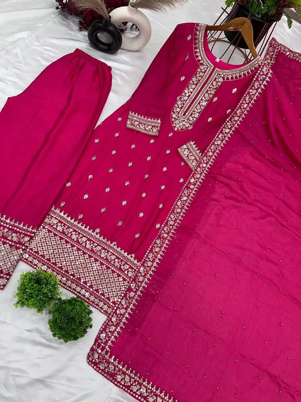 Embroidered Chinnon Silk Suit Set with Dupatta
