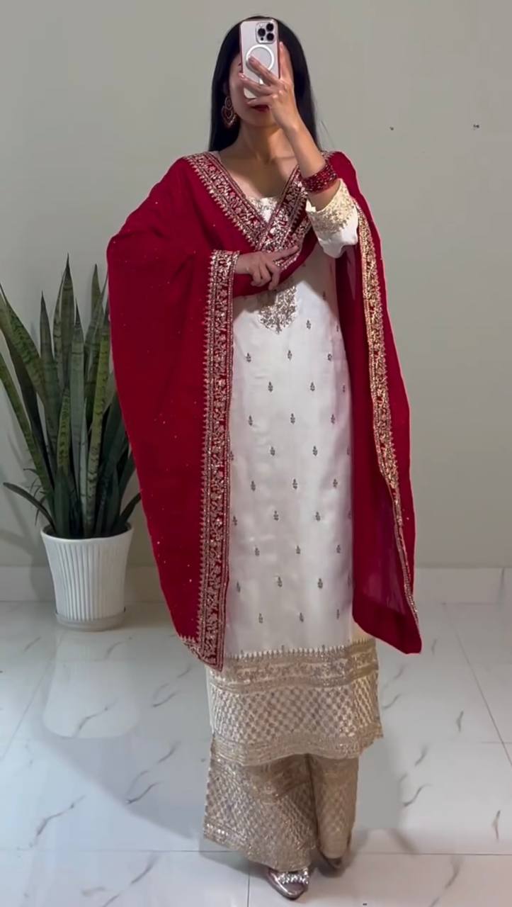 Embroidered Chinnon Silk Suit Set with Dupatta