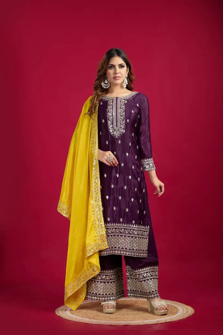 Embroidered Chinnon Silk Suit Set with Dupatta