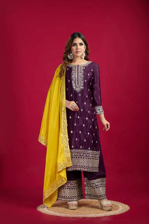 Embroidered Chinnon Silk Suit Set with Dupatta