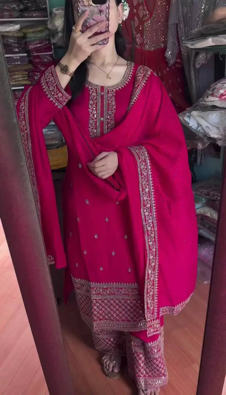 Embroidered Chinnon Silk Suit Set with Dupatta