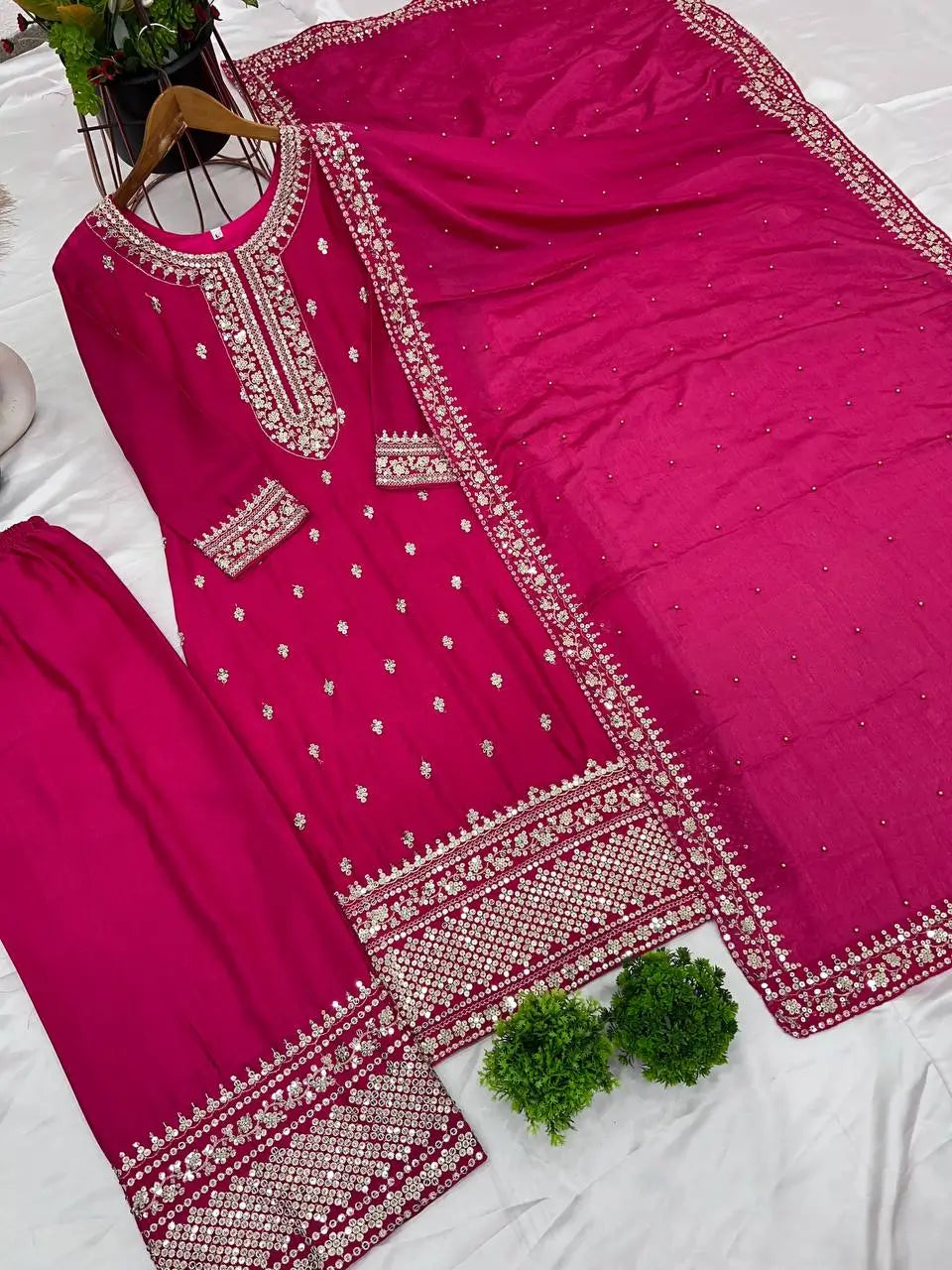 Embroidered Chinnon Silk Suit Set with Dupatta